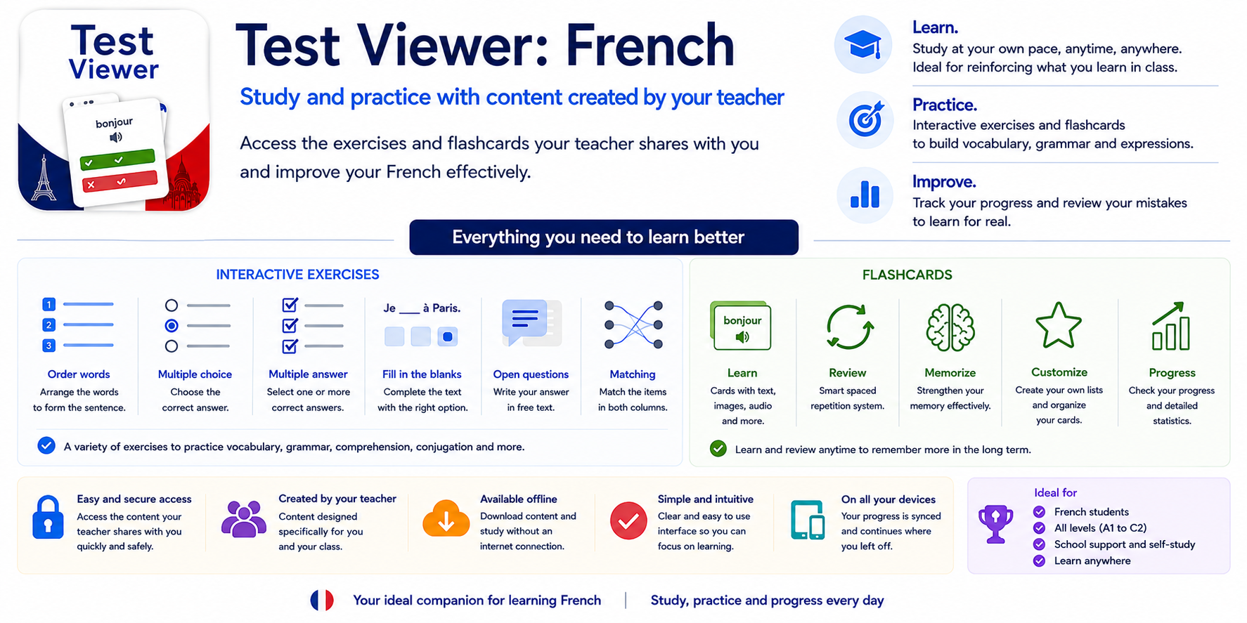 What is Test Viewer? French Exercises and Flashcards