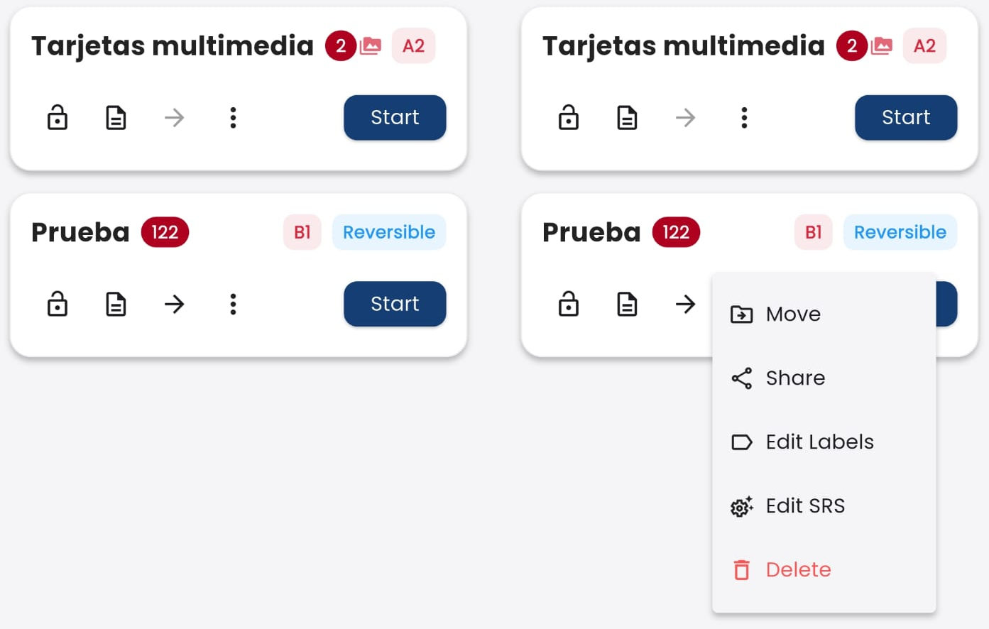 Buttons of a flashcard deck