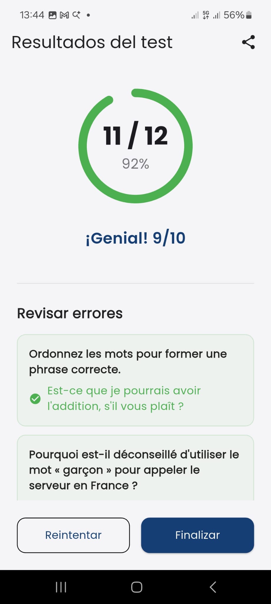 Foto de los resultados del test