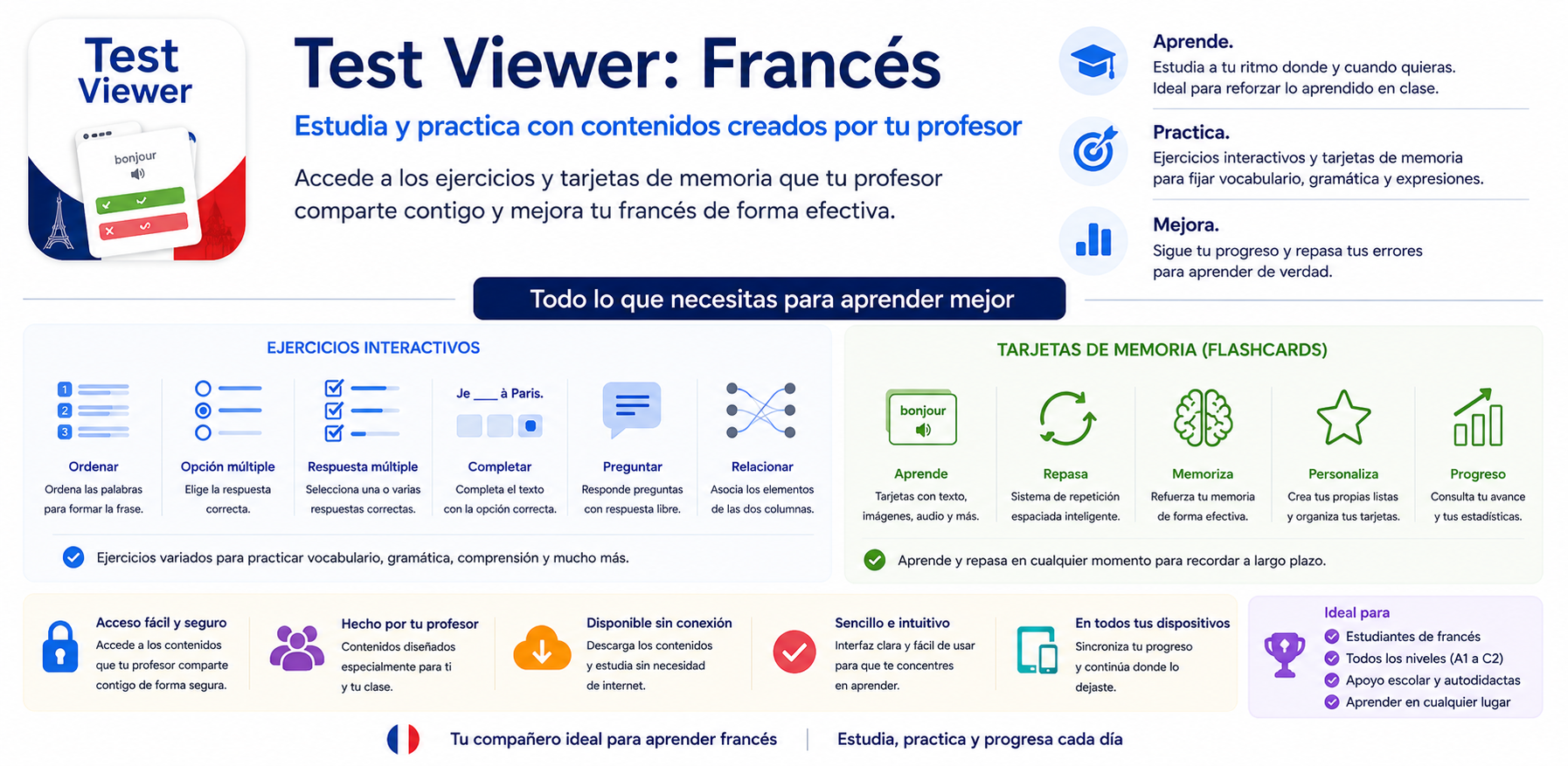 ¿Qué es Test Viewer? Práctica de ejercicios de francés y tarjetas de memoria