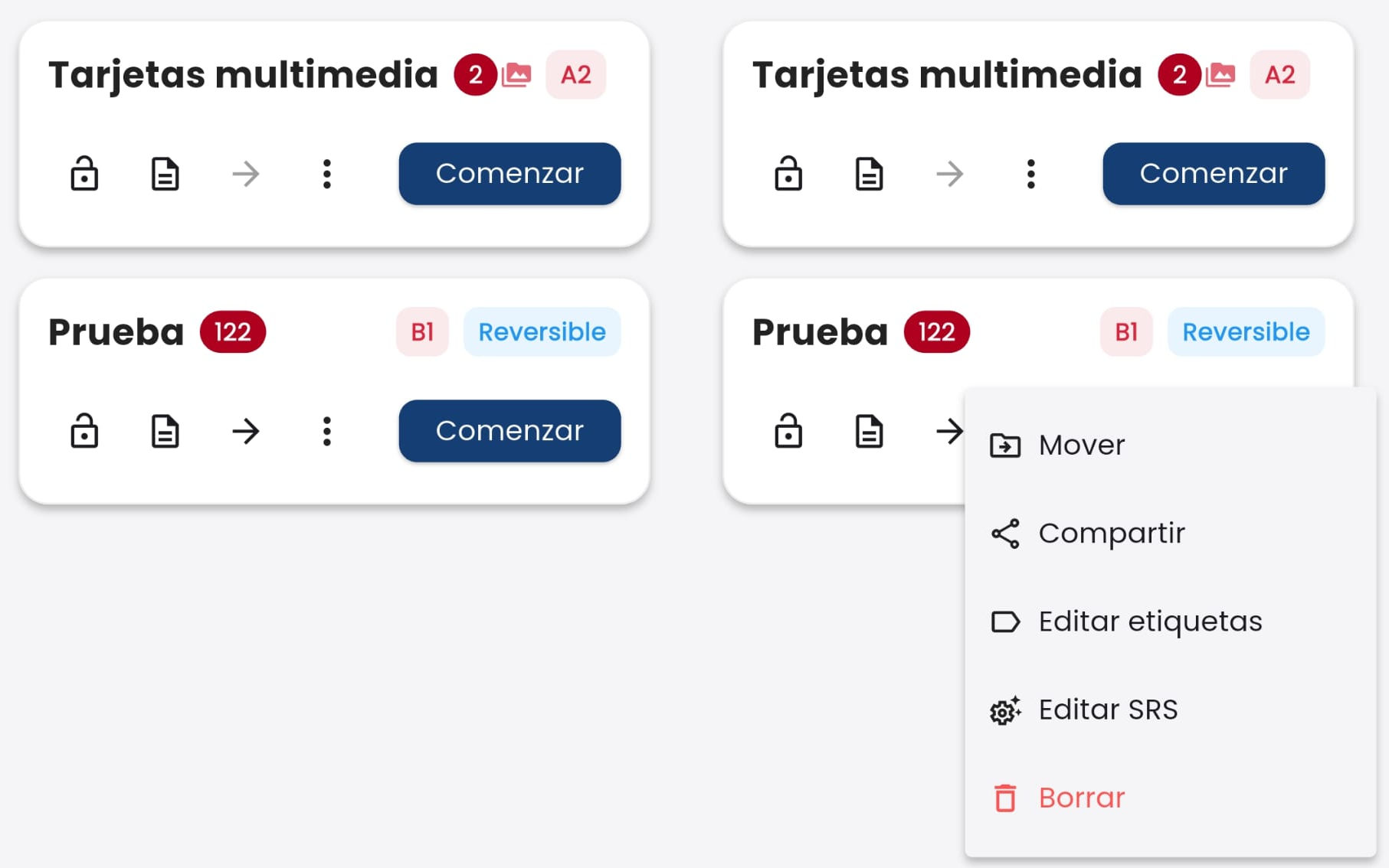 Botones de un mazo de tarjetas
