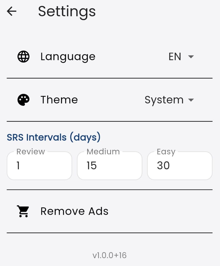 Settings screen screenshot