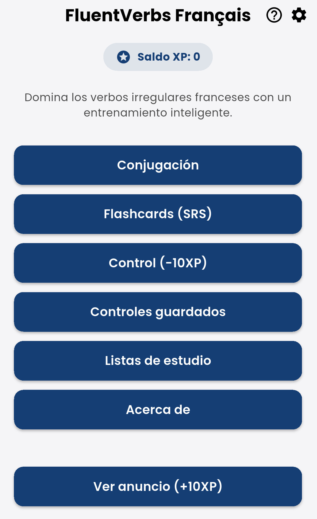 Foto del menu de la app